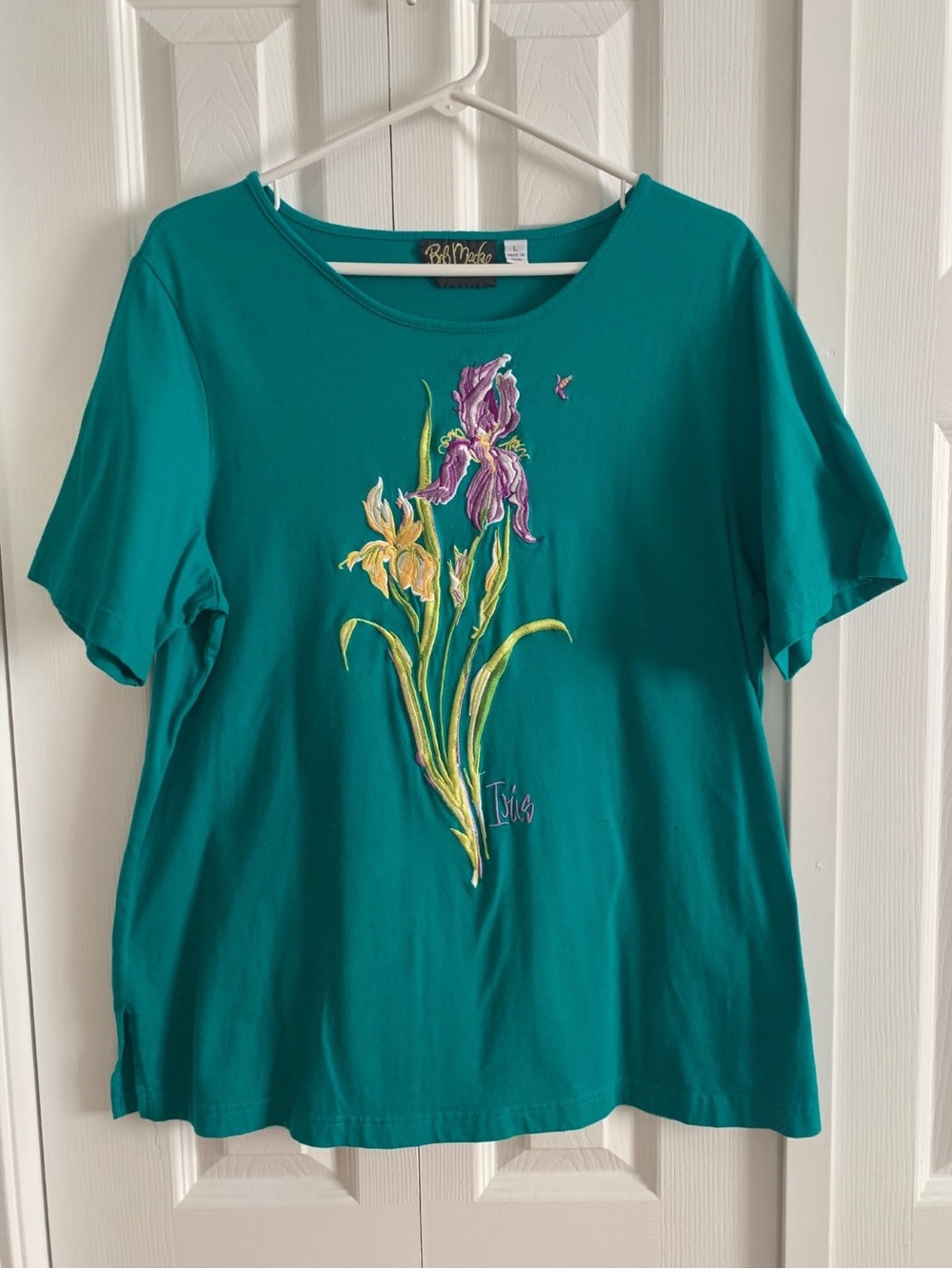 Bob Mackie Wearable Art Emerald T-Shirt Embroidered Iris Artsy Statement